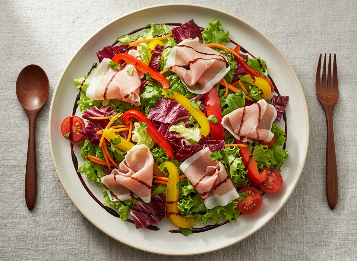 Gemischter Salat mit Parmaschinken und Paprika photo
