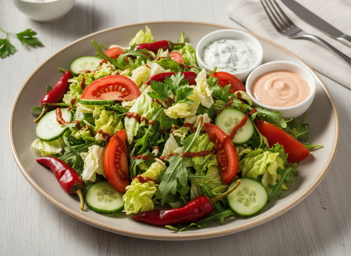 Gemischter Salat mit Peperoni und Saucen photo