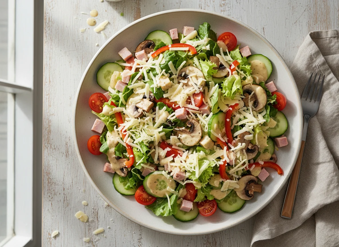 Gemischter Salat mit Pilzen, Schinken und Käse photo
