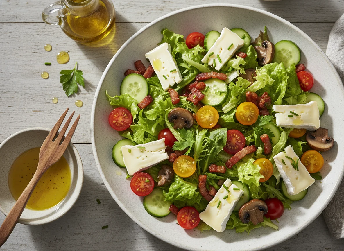 Gemischter Salat mit Pilzen, Speck und Käse photo