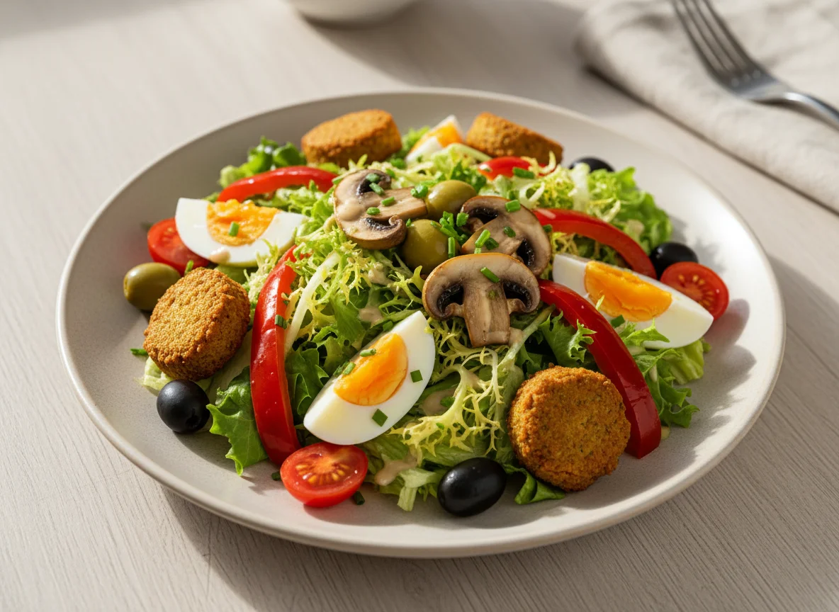 Gemischter Salat mit Pilzen, Tomaten, Ei und Oliven photo