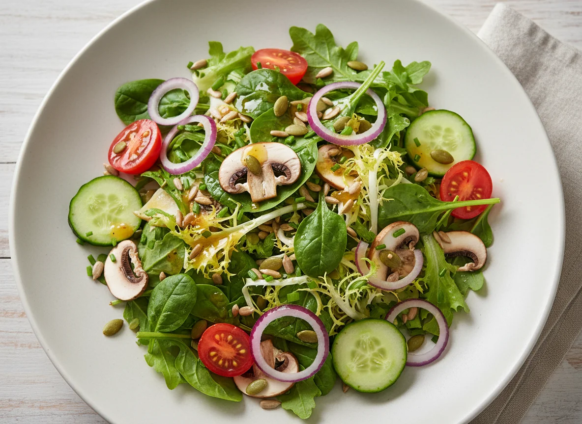 Gemischter Salat mit Pilzen und Kernen photo