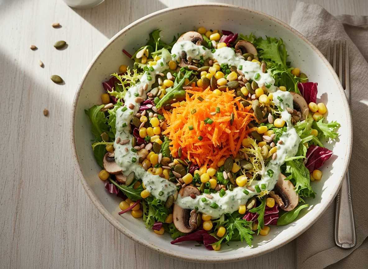 Gemischter Salat mit Pilzen und Mais photo