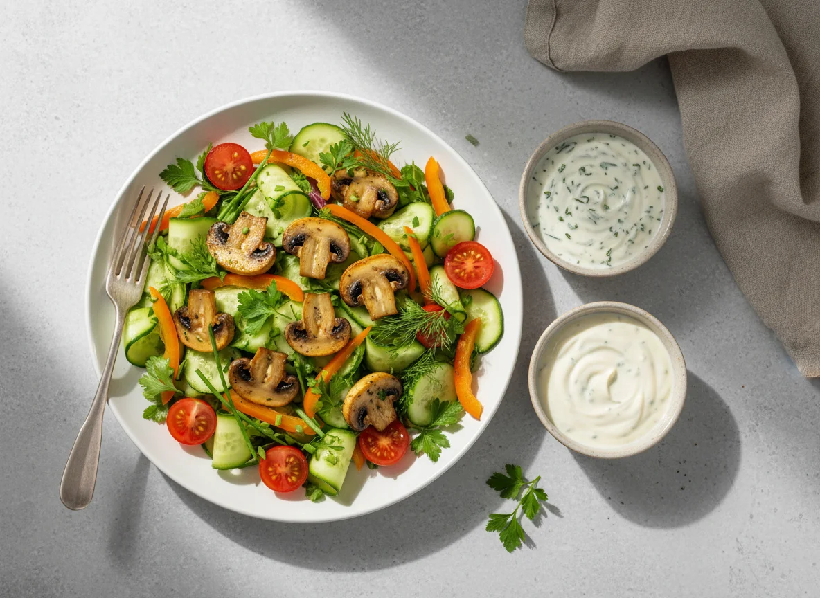 Gemischter Salat mit Pilzen und zwei Dressings photo