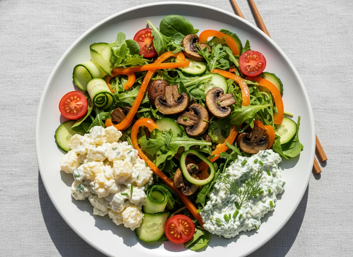 Gemischter Salat mit Pilzen und zwei Saucen photo