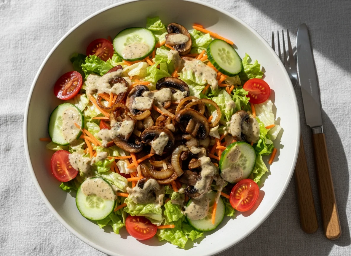 Gemischter Salat mit Pilzen und Zwiebeln photo