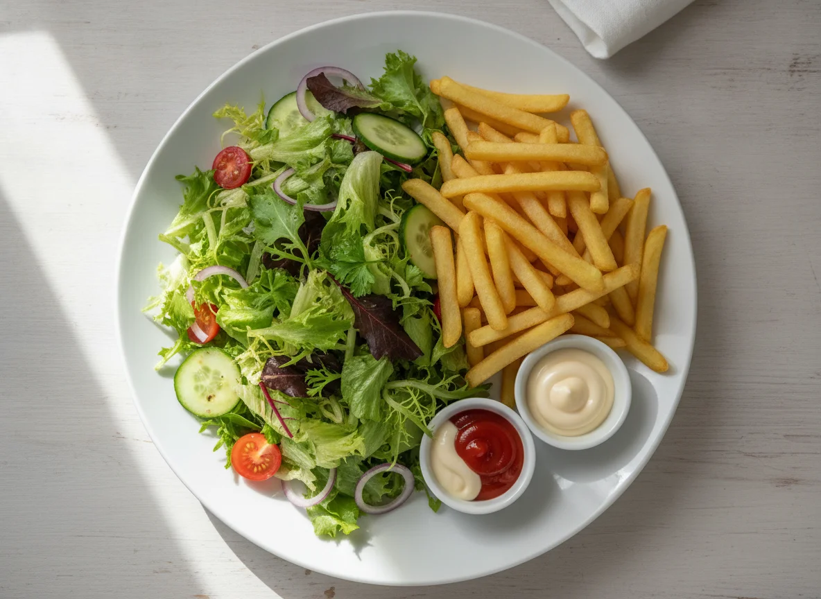 Gemischter Salat mit Pommes frites photo