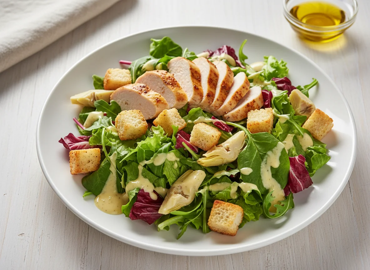 Gemischter Salat mit Poulet und Croutons photo