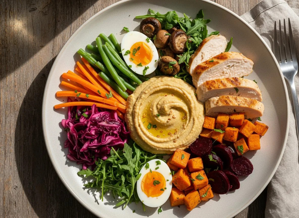 Gemischter Salat mit Poulet und Hummus photo