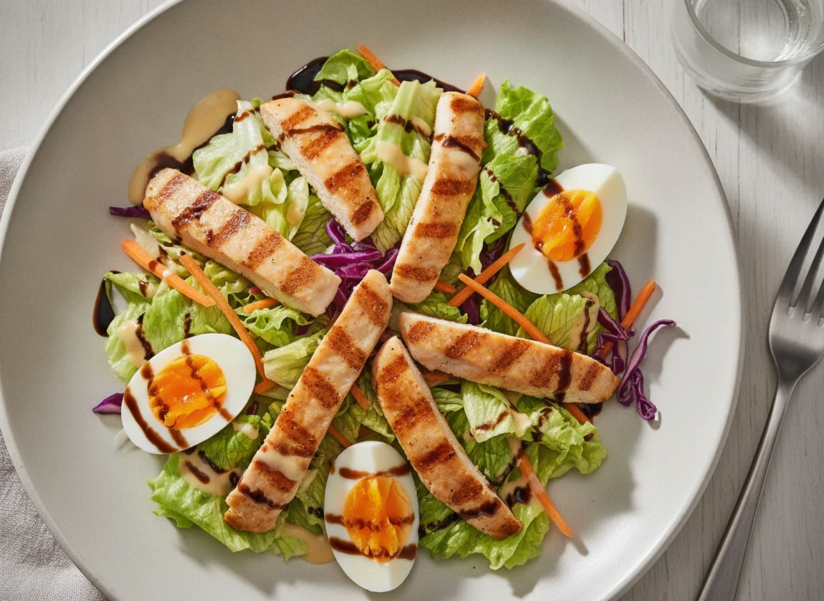 Gemischter Salat mit Pouletstreifen und Ei photo