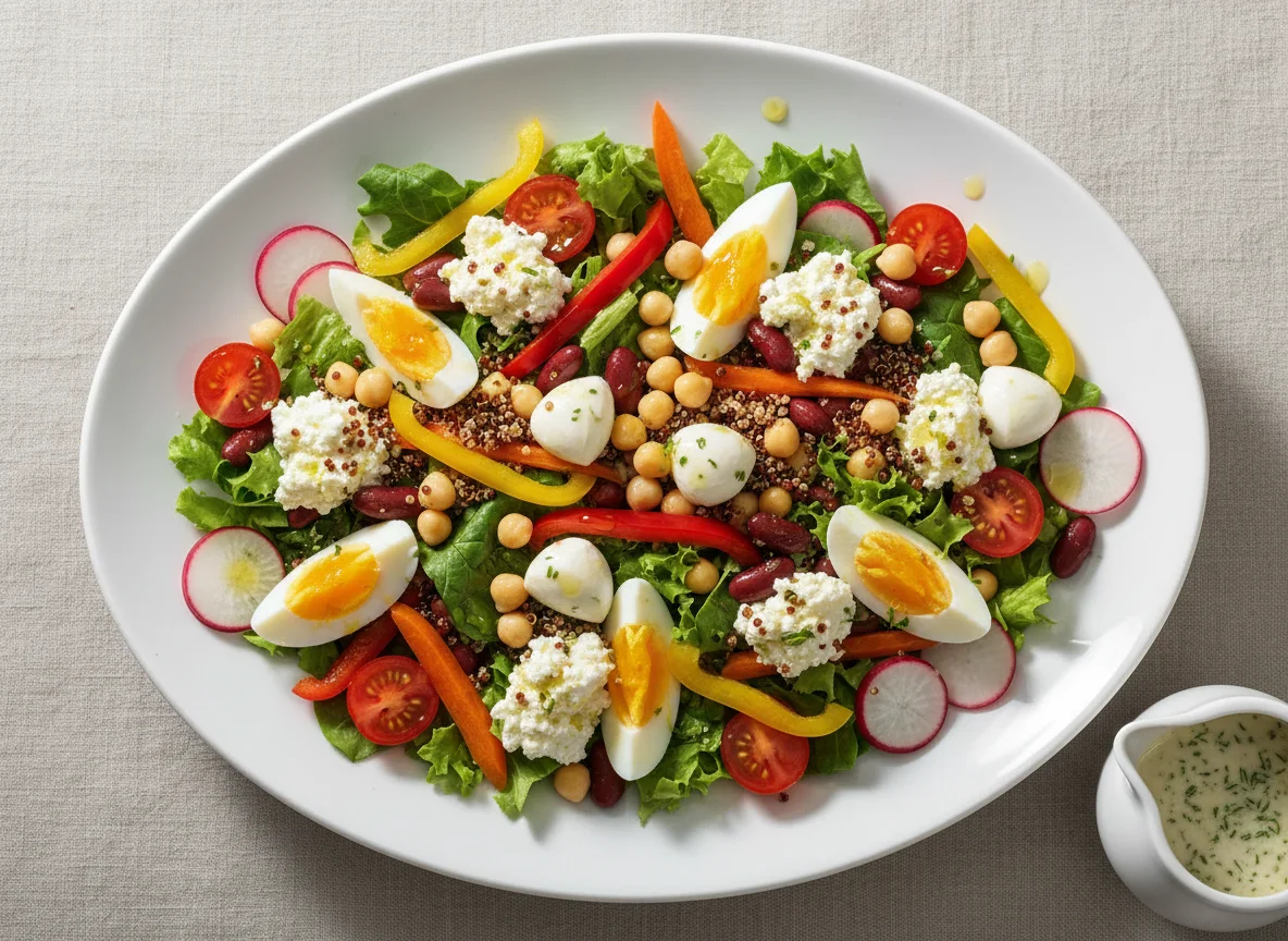 Gemischter Salat mit Proteinbeilagen und Dressing photo