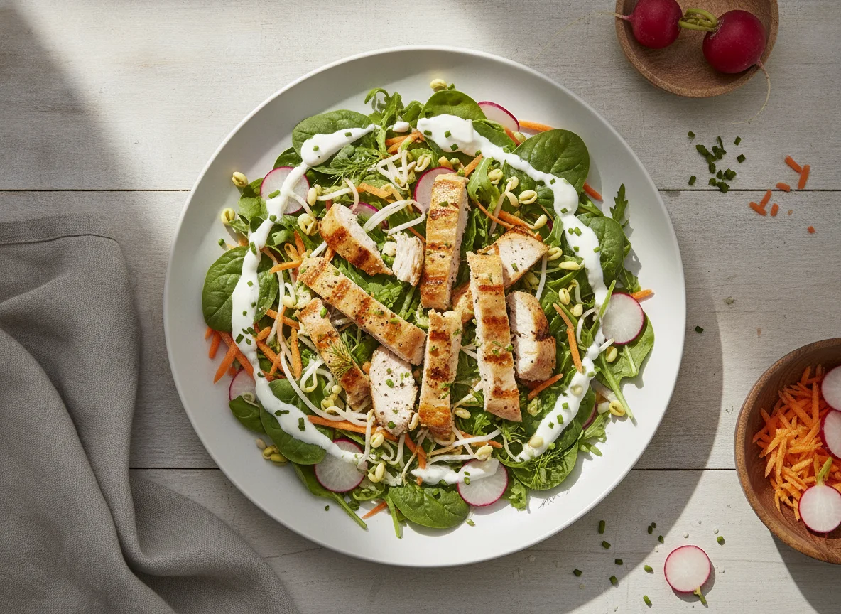 Gemischter Salat mit Putenbrust und Joghurt-Dressing photo