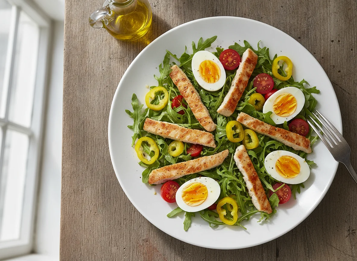 Gemischter Salat mit Putenstreifen und Ei photo