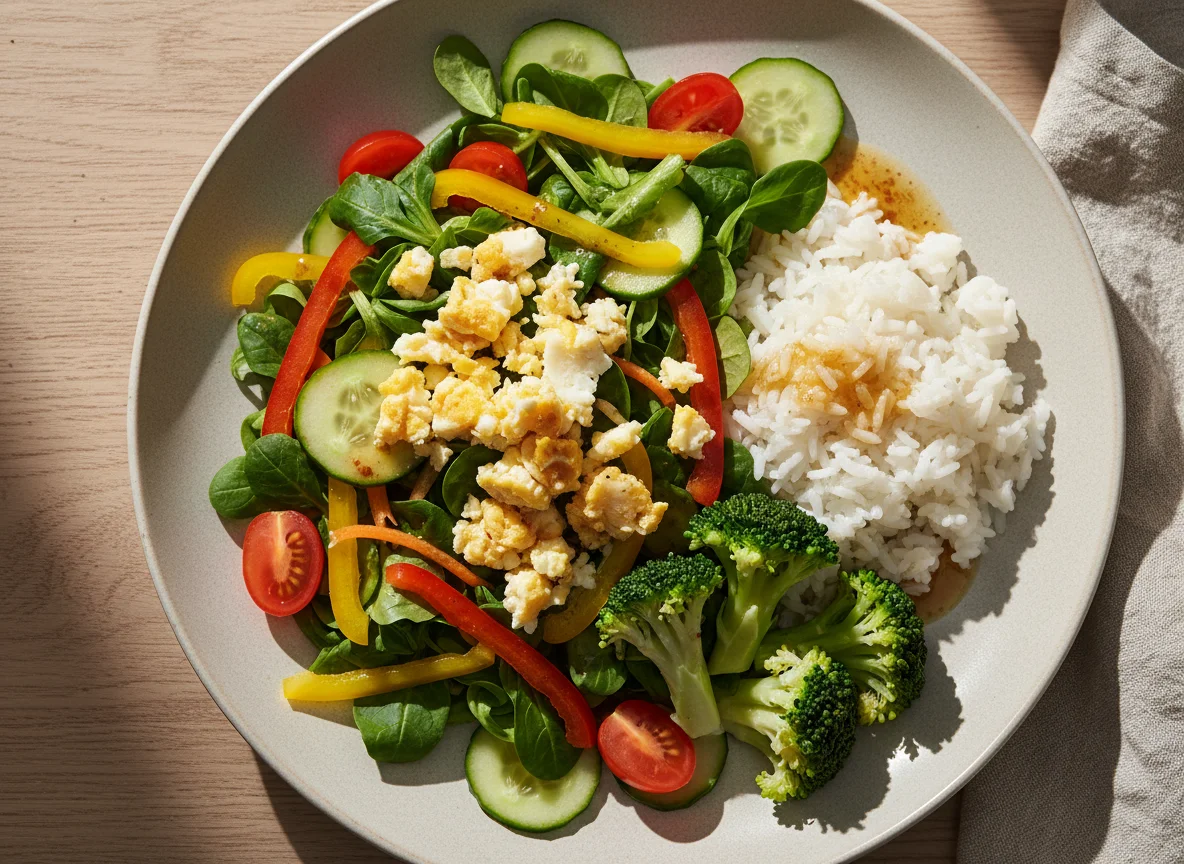 Gemischter Salat mit Reis und Brokkoli photo