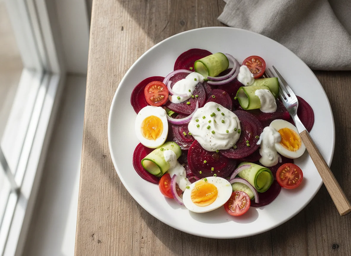 Gemischter Salat mit Roter Bete und Joghurt-Dressing photo