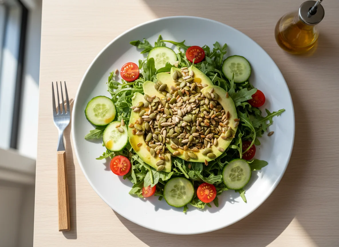 Gemischter Salat mit Rucola, Avocado und Kernen photo
