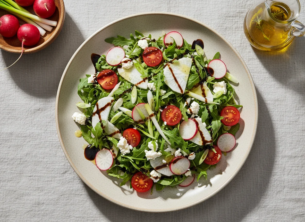 Gemischter Salat mit Rucola, Radieschen und Balsamico-Creme photo