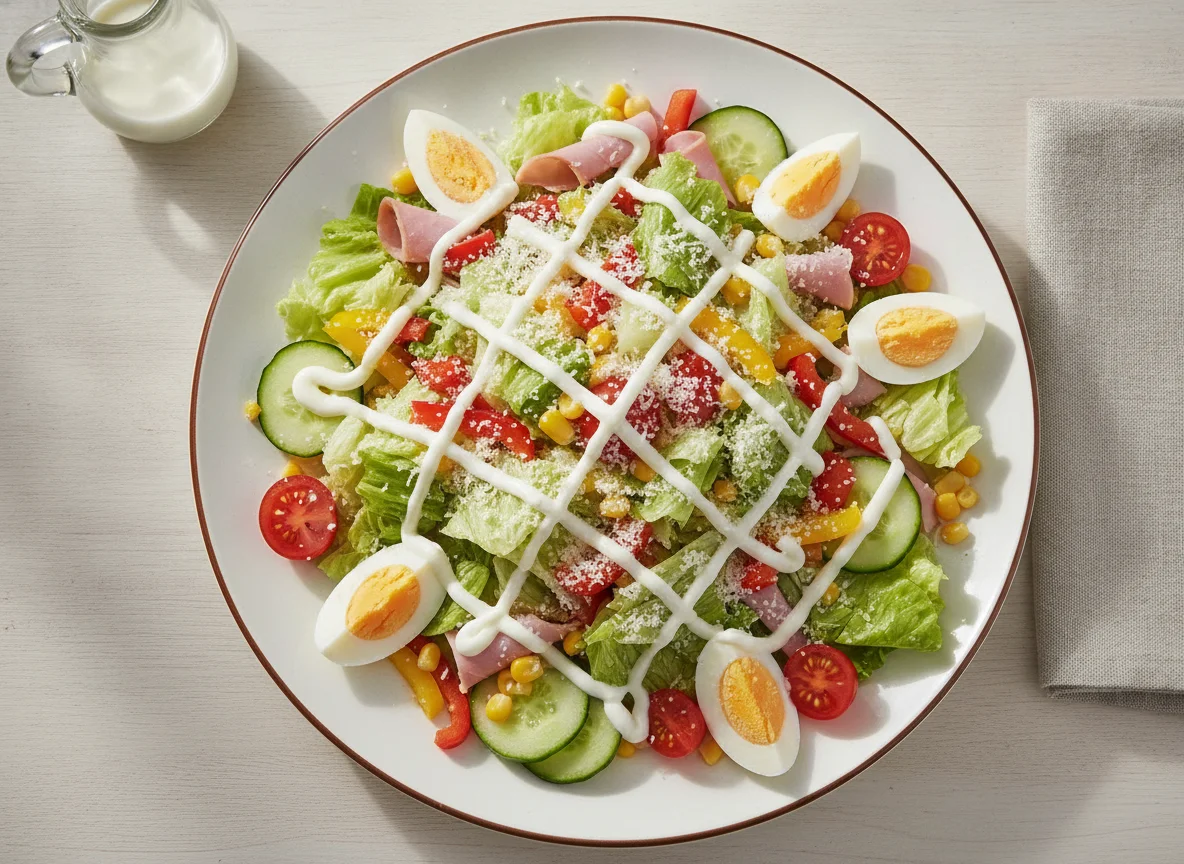 Gemischter Salat mit Schinken, Ei und Dressing photo