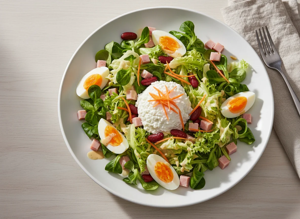 Gemischter Salat mit Schinken, Ei und Hüttenkäse photo