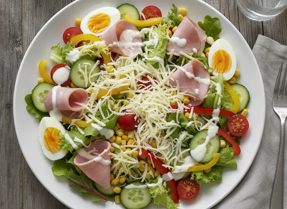 Gemischter Salat mit Schinken, Ei und Käse photo