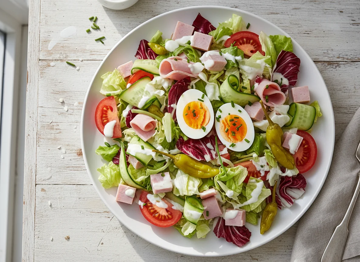 Gemischter Salat mit Schinken, Ei und Peperoni photo