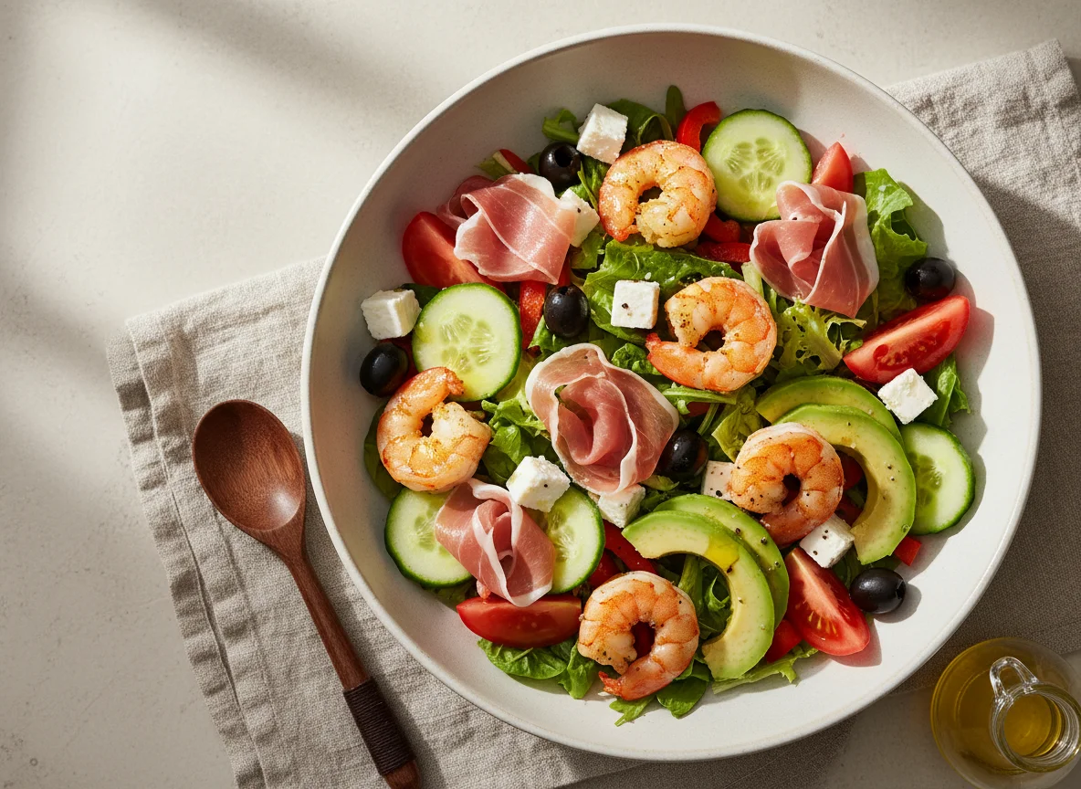 Gemischter Salat mit Schinken, Garnelen und Feta photo