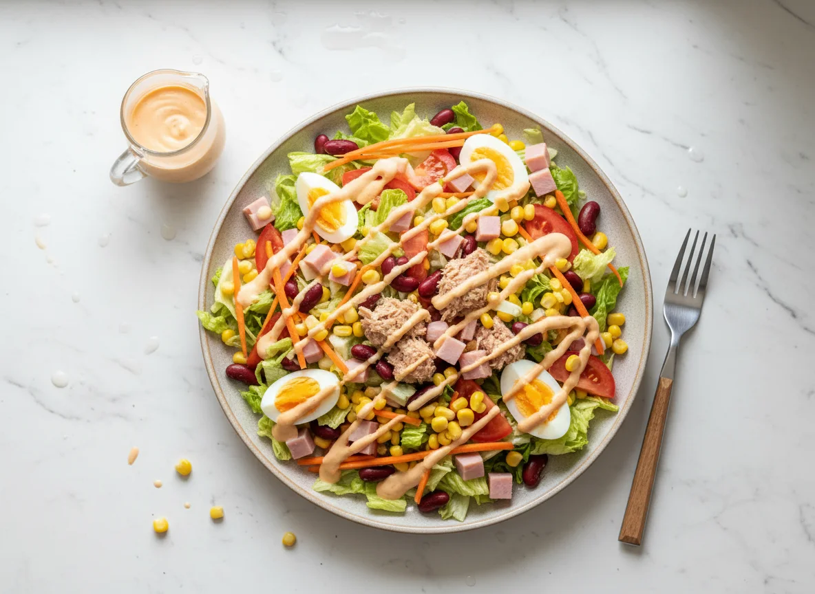 Gemischter Salat mit Schinken, Käse, Thunfisch und Ei photo