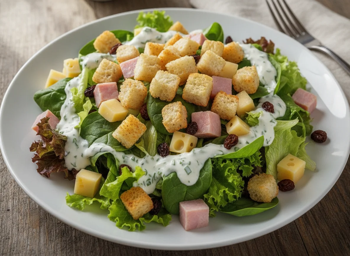 Gemischter Salat mit Schinken, Käse und Croutons photo