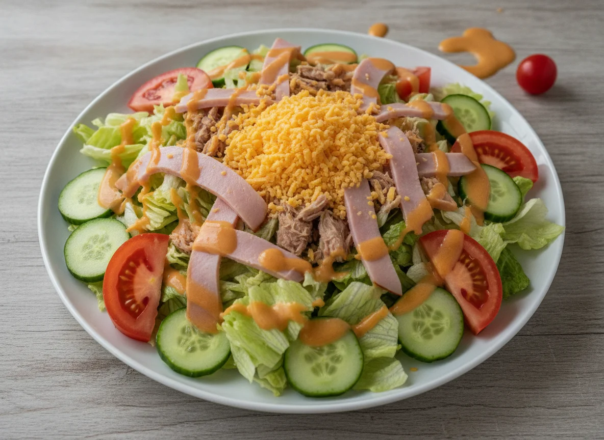 Gemischter Salat mit Schinken, Käse und Dressing photo