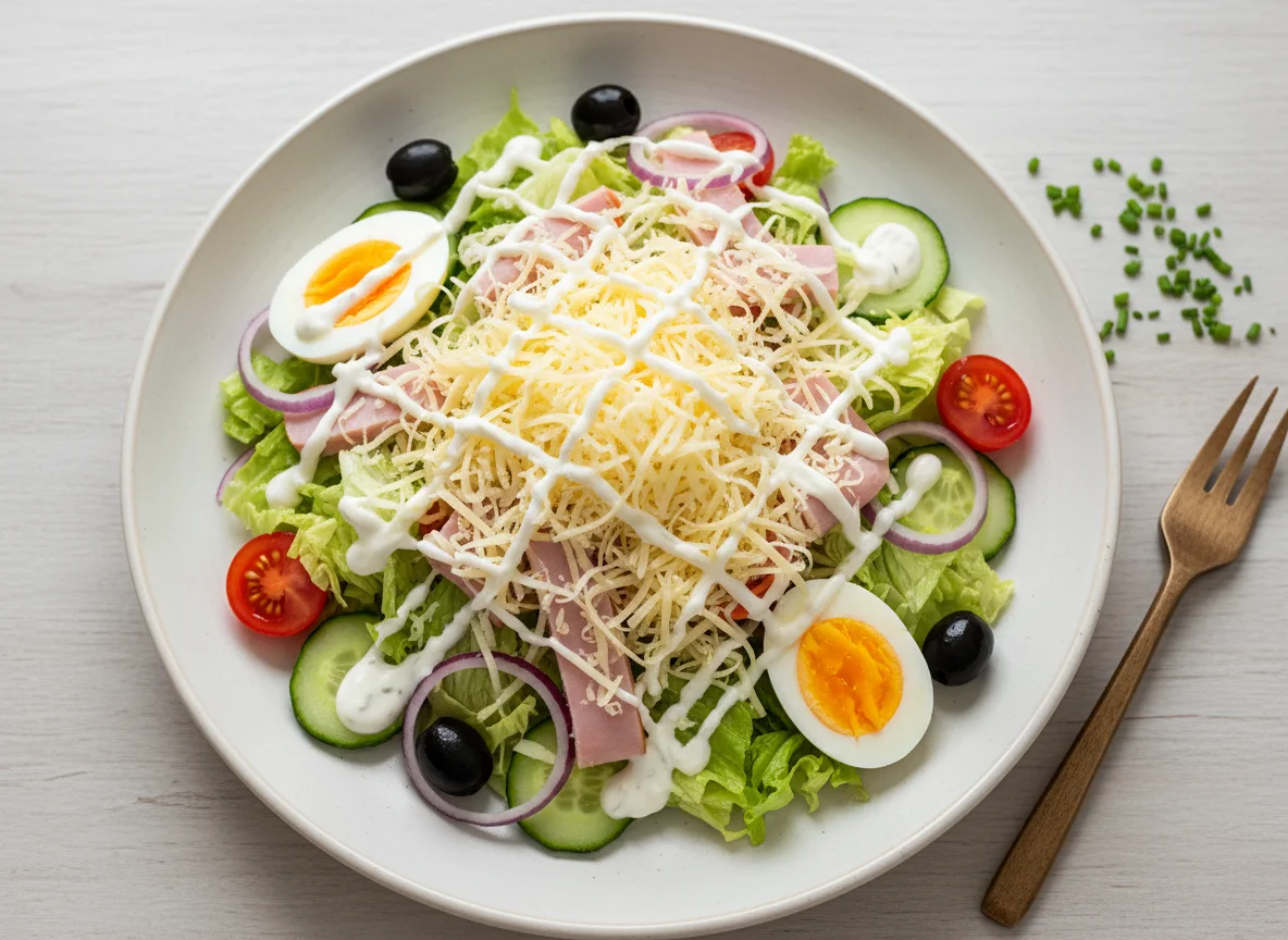 Gemischter Salat mit Schinken, Käse und Ei photo