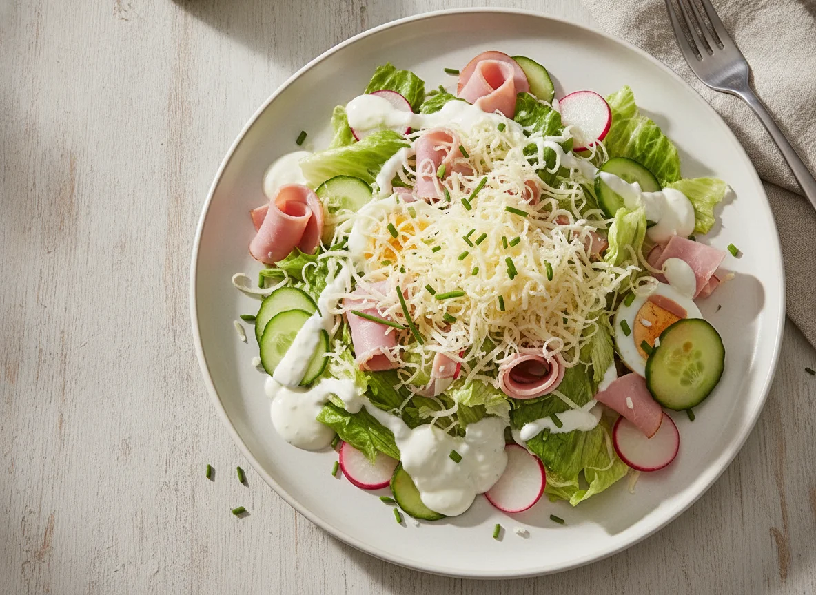 Gemischter Salat mit Schinken, Käse und Joghurtdressing photo