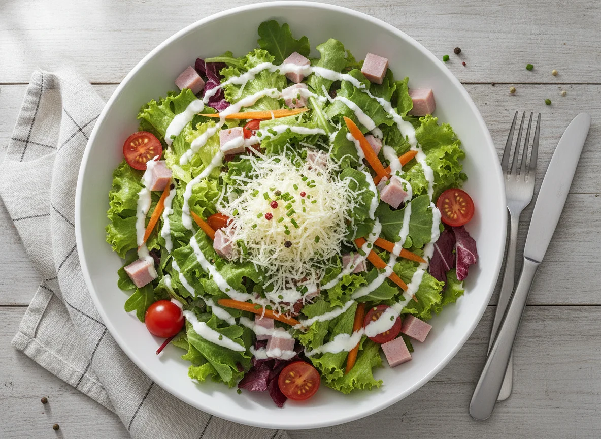 Gemischter Salat mit Schinken, Käse und Joghurt-Dressing photo