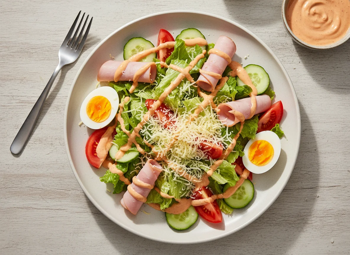Gemischter Salat mit Schinken und Ei photo