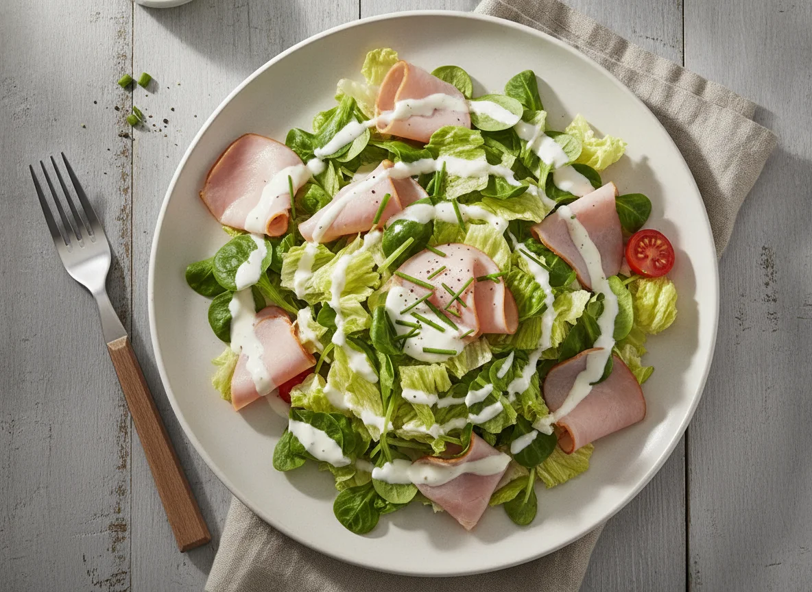 Gemischter Salat mit Schinken und Joghurt-Dressing photo