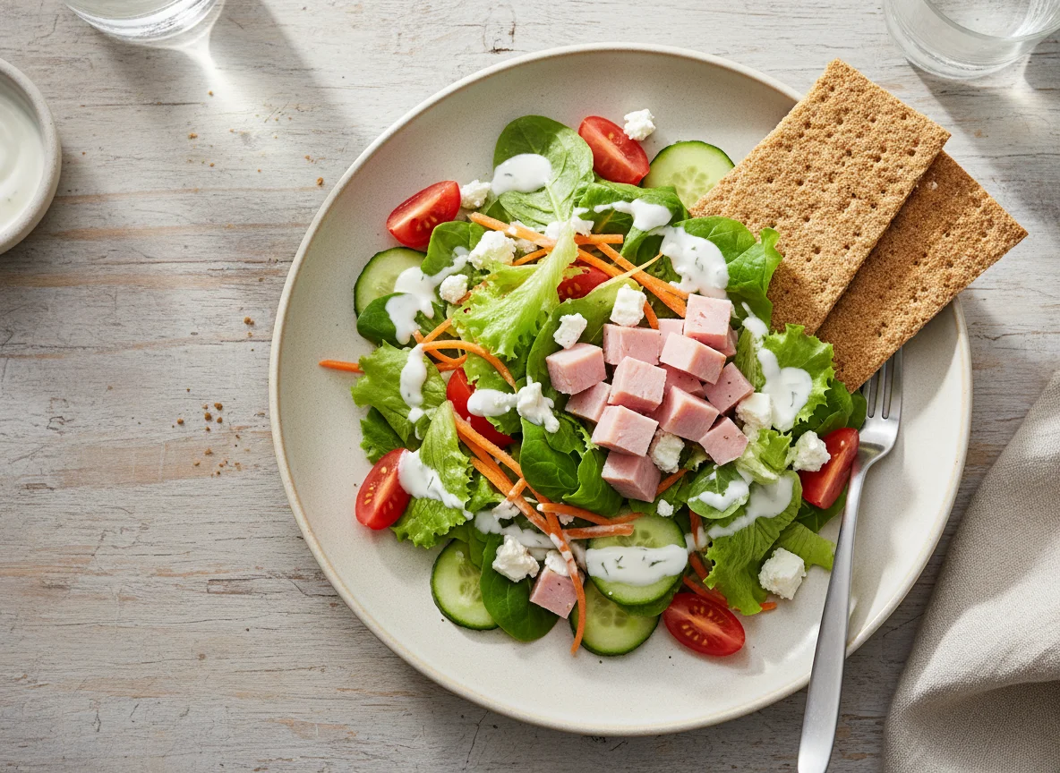 Gemischter Salat mit Schinken und Knäckebrot photo