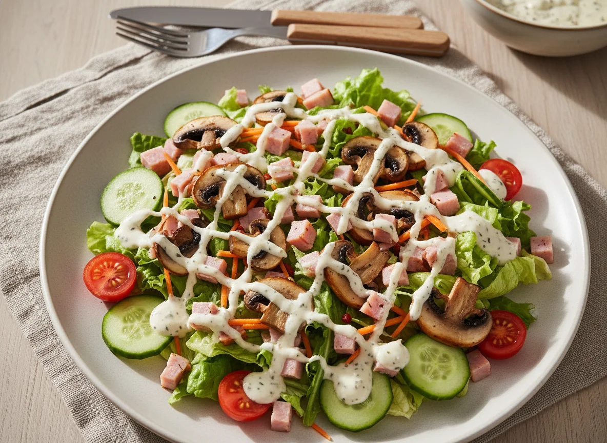 Gemischter Salat mit Schinken und Pilzen photo