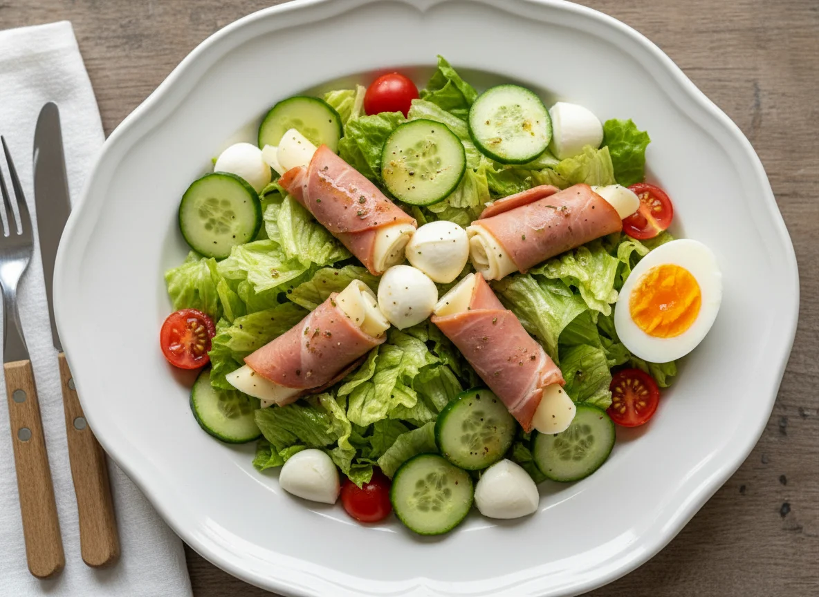 Gemischter Salat mit Schinken-Käse-Röllchen und Ei photo