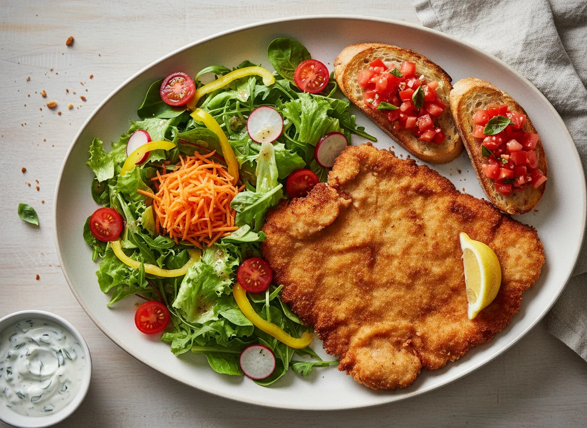 Gemischter Salat mit Schnitzel und Bruschetta photo
