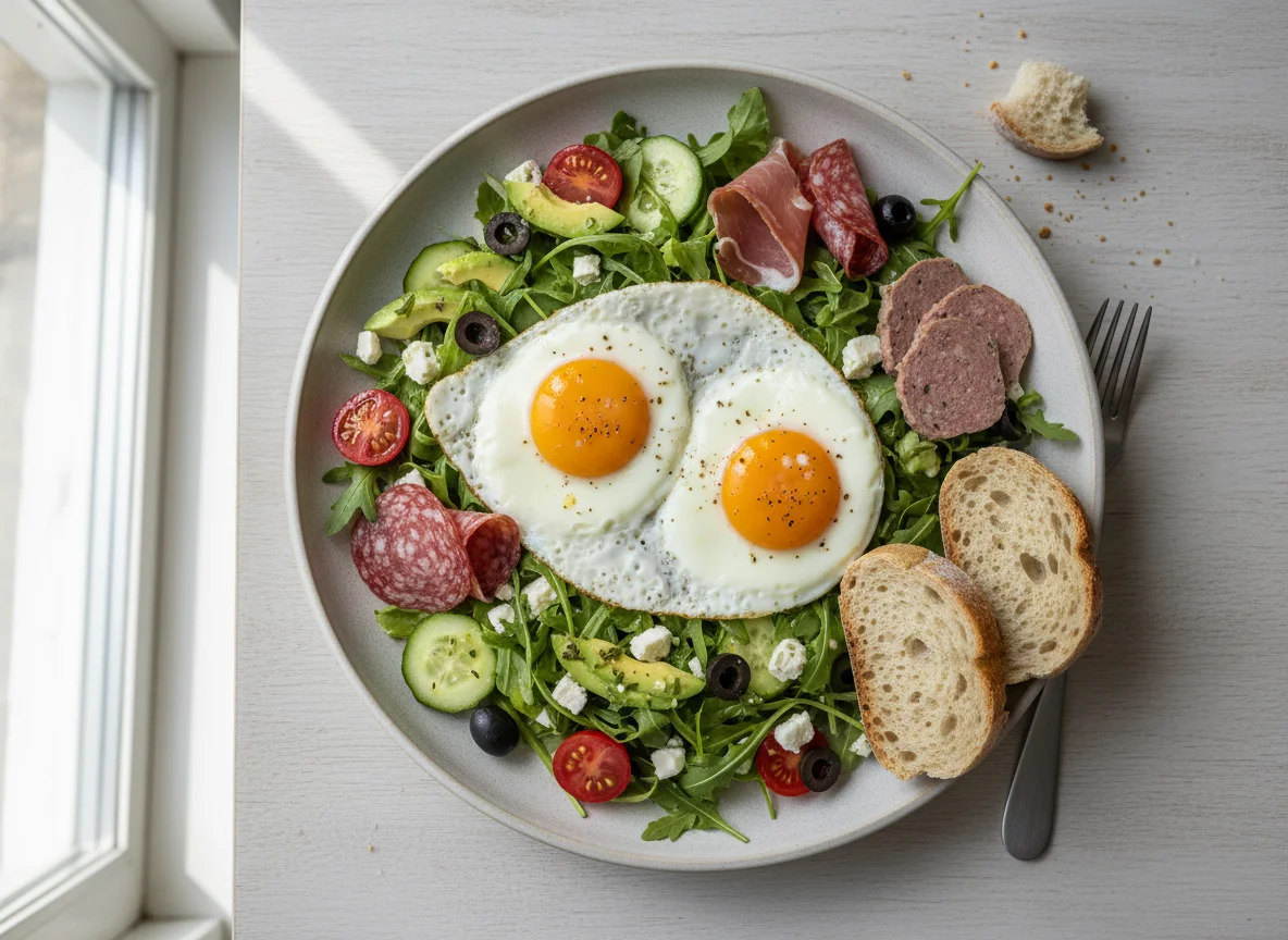 Gemischter Salat mit Spiegelei und Wurst photo