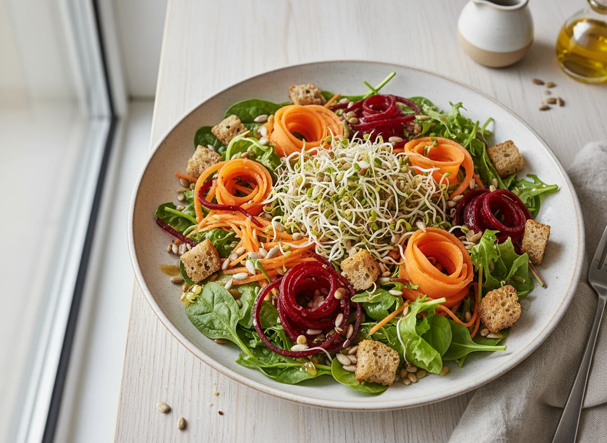 Gemischter Salat mit Sprossen und Croutons photo