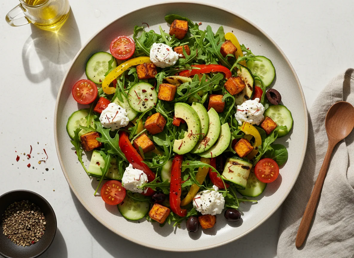 Gemischter Salat mit Süßkartoffel, Avocado und Frischkäse photo