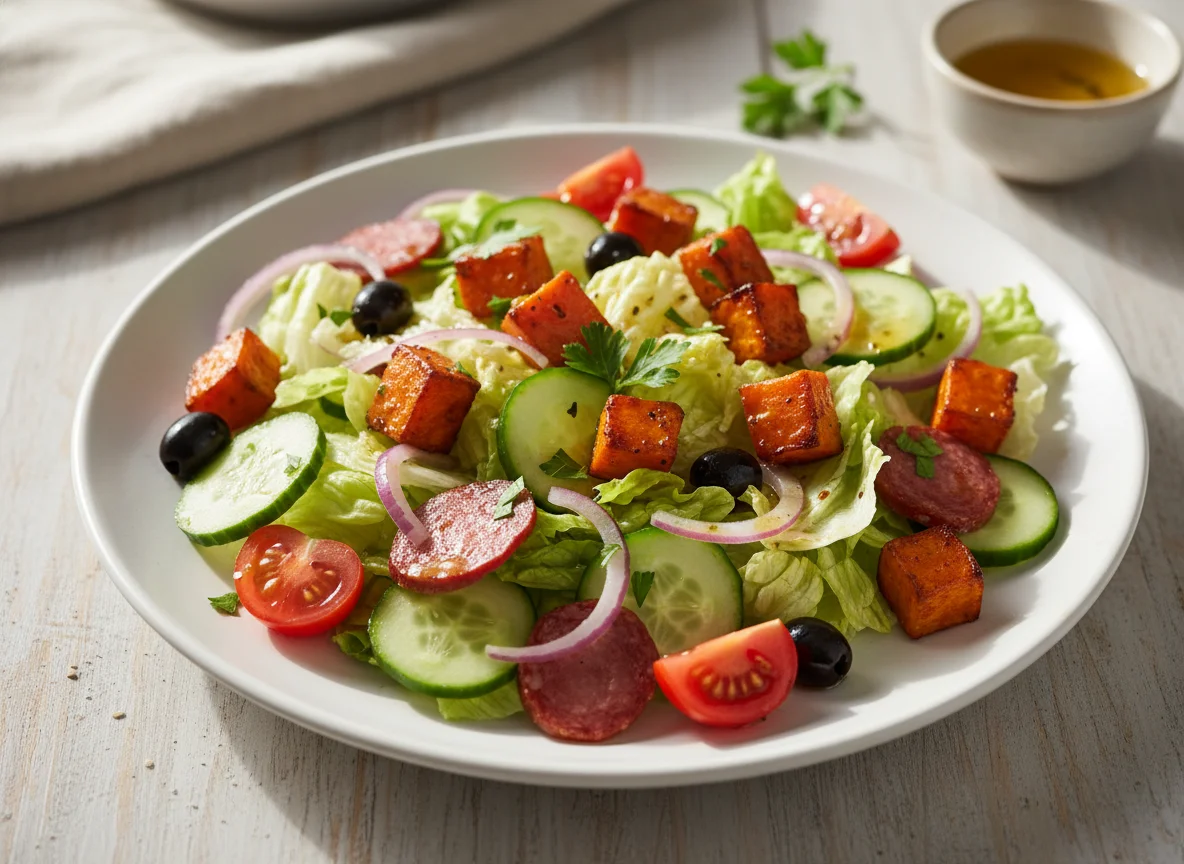 Gemischter Salat mit Süßkartoffel und Wurst photo