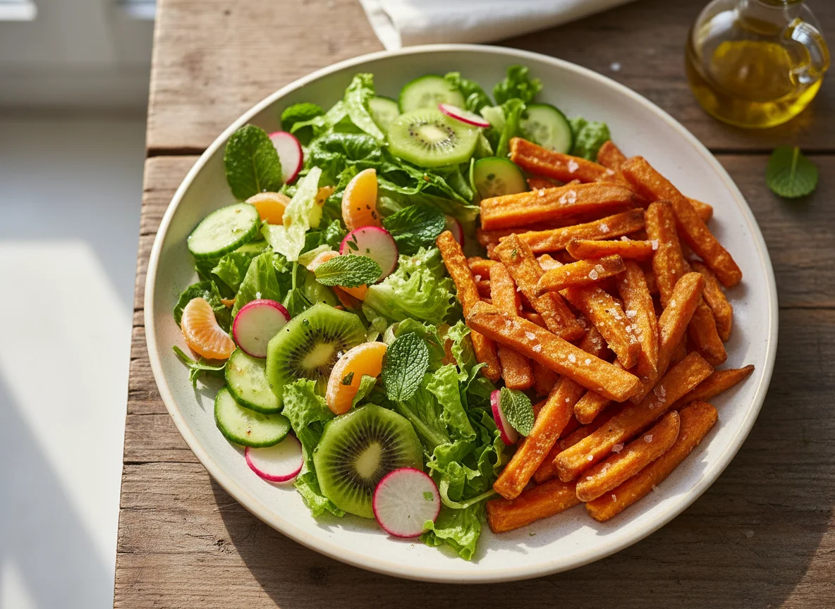 Gemischter Salat mit Süßkartoffelpommes und Obst photo