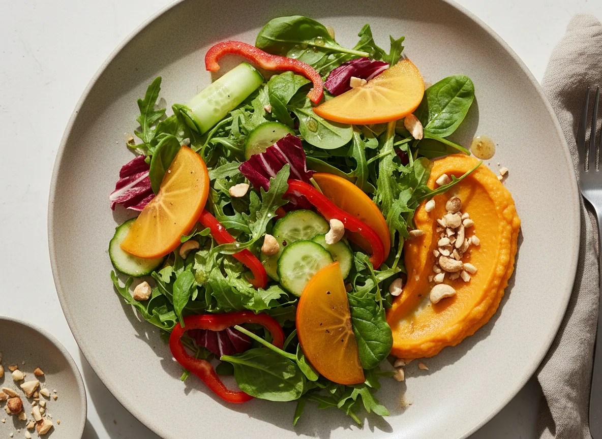 Gemischter Salat mit Süßkartoffelpüree und Kaki photo