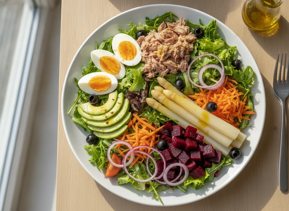 Gemischter Salat mit Thunfisch, Ei und Avocado photo