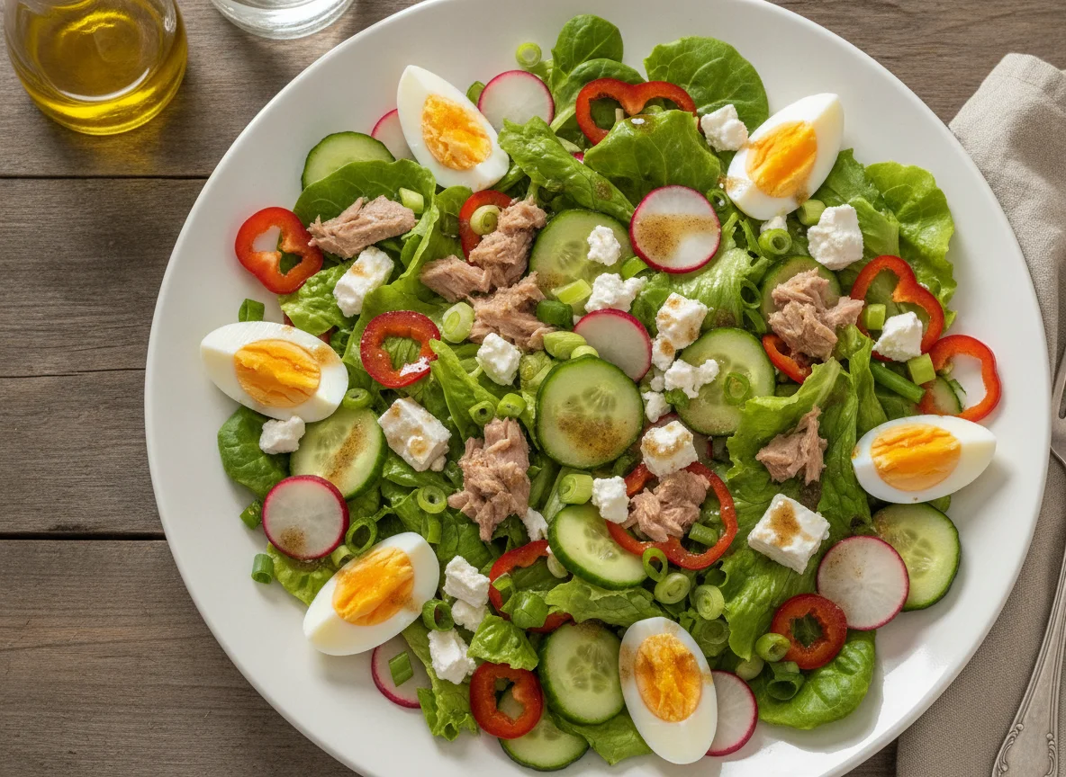 Gemischter Salat mit Thunfisch, Ei und Feta photo