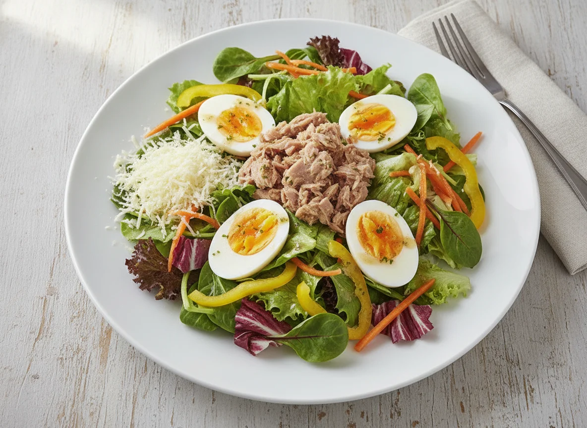 Gemischter Salat mit Thunfisch, Ei und Käse photo