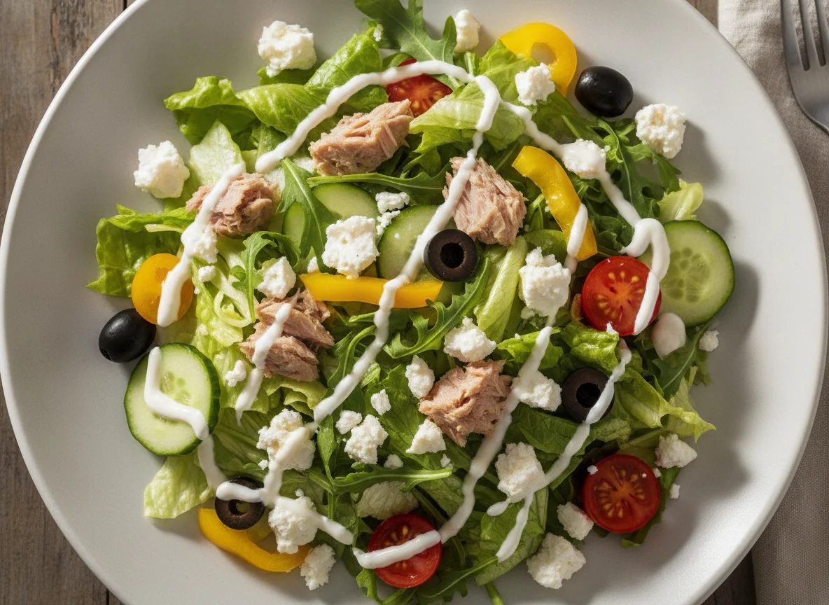 Gemischter Salat mit Thunfisch, Feta und Dressing photo