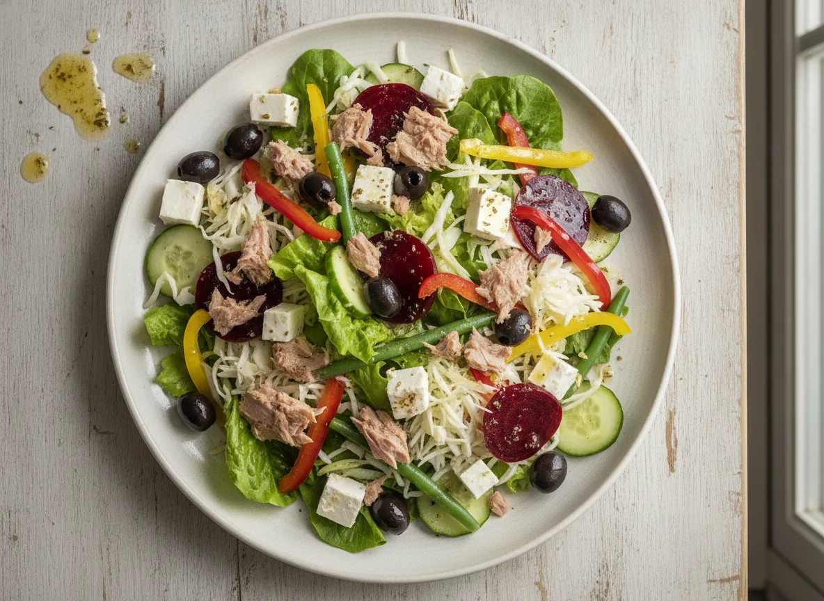 Gemischter Salat mit Thunfisch, Feta und Oliven photo
