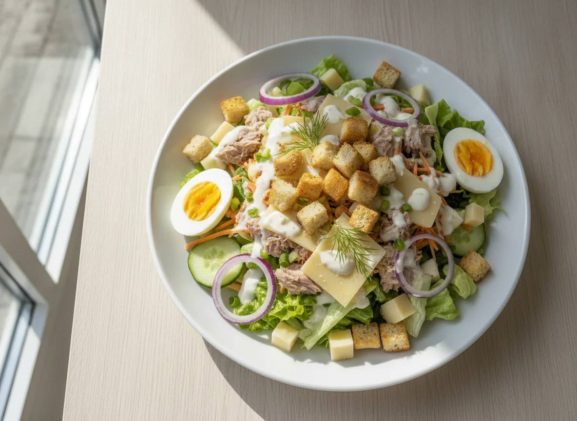 Gemischter Salat mit Thunfisch, Käse und Ei photo